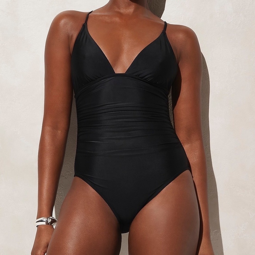 J.Crew Ruched Plunge One Piece Navy Blue Swimsuit Size 10 Nautical‎ Minimalist